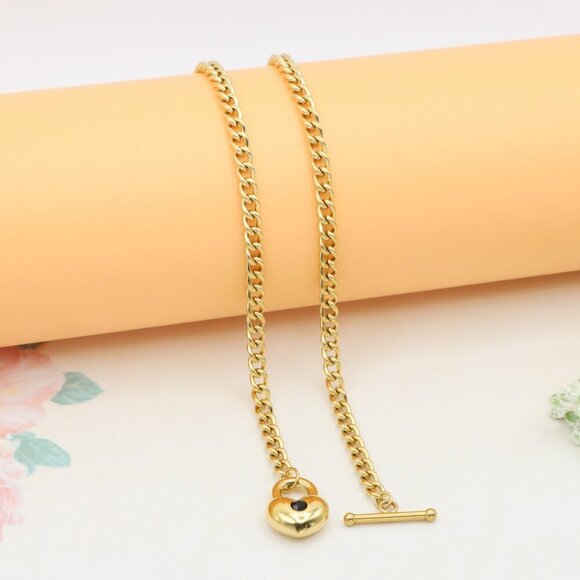 "Heart Charm Chunky Chain Yellow Necklace in Gold Finish, XPNL0375 - Picture 12 of 13